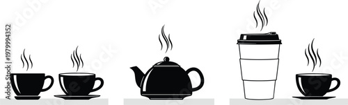 Set of hot beverage cups with steam coffee tea mugs minimal outline and solid vector illustration