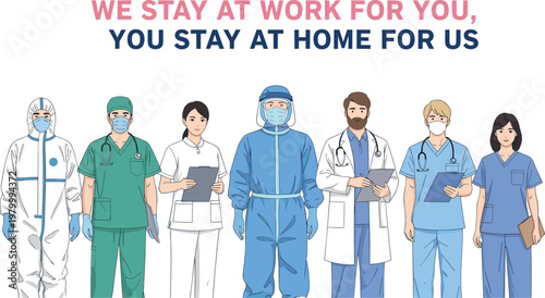 Healthcare workers team illustration with doctors nurses wearing protective equipment medical staff frontline heroes concept isolated on white background