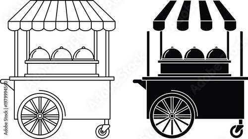 Street food cart icons with canopy and serving trays minimal outline and solid vector illustration set
