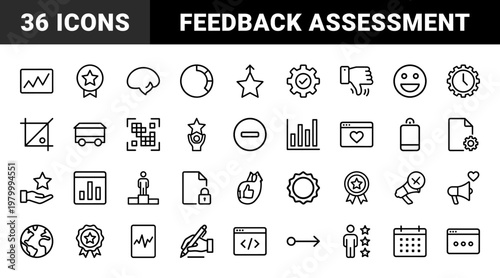 Feedback and assessment line icons for business surveys and evaluation