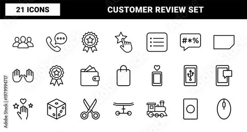 Business feedback and customer review minimalist outline icon set