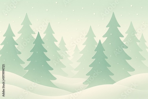 Stylized winter forest with layered pine trees, soft green gradient background, and falling white snow particles in a flat style