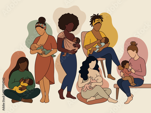Diverse Mothers Breastfeeding Infants Minimalist Illustration - Multi-ethnic Women Nursing Babies in Boho Style - Empowerment and Natural Parenting Support