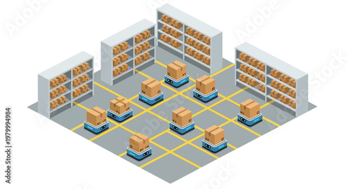 Automated Warehouse System with AGV Robots Carrying Cardboard Boxes Isometric Illustration