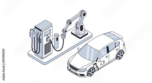 Isometric Automated Electric Vehicle Charging Station with Robotic Arm and Car Illustration