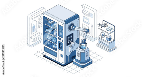Futuristic Isometric Illustration of an Automated Smart Vending Kiosk with Robotic Arm and Tech Gadgets