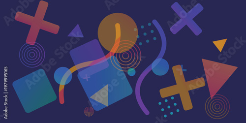 Abstract geometric memphis background with colorful shapes, circles and wavy lines on dark blue backdrop.