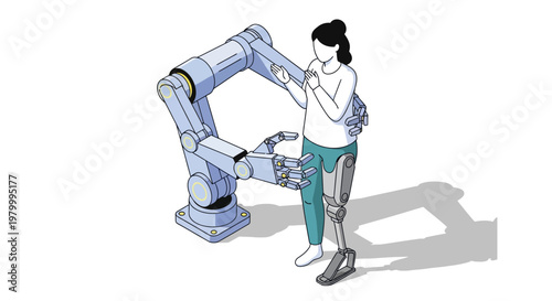 Isometric Illustration of a Woman with a Prosthetic Leg Interacting with an Industrial Robotic Arm, Future Healthcare and Human-Machine Interaction Concept