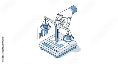 AI in Law and Ethics: Isometric Illustration of a Robot Hand Holding Balance Scales over Digital Data and Business Growth Charts