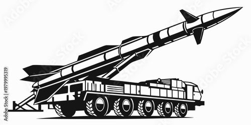 Large military ballistic missile system on multi-axle carrier vehicle with military launcher ballistic transport strategic security technology projectile conflict tactical equipment