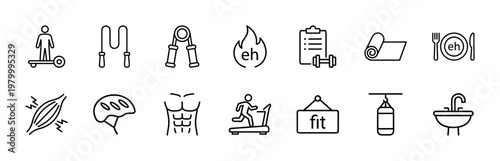 Minimalist gym and fitness line icon set for wellness and sports app design.