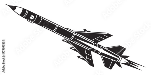 Flying ballistic missile silhouette with exhaust flames military ballistic strategic security projectile conflict tactical propulsion trajectory illustration silhouette isolated