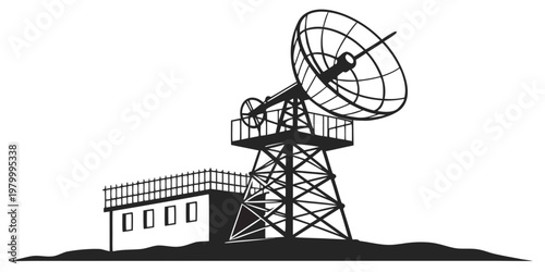 Vector graphic of a satellite dish radar communication station with satellite communication technology broadcast transmission telecommunication industrial illustration isolated receiver