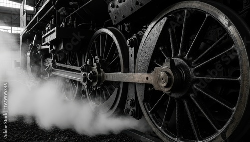 Close Up View Of Powerful Steam Locomotive Wheels With A Rising Vapor