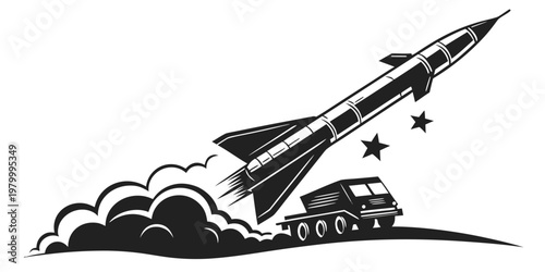 Mobile military missile launcher vehicle launching a rocket with smoke and stars launcher military ballistic strategic security technology projectile conflict tactical equipment