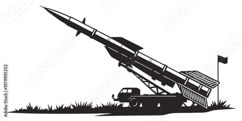 Military missile on a mobile launcher vehicle silhouette with military launcher ballistic artillery transport strategic security technology projectile conflict tactical equipment