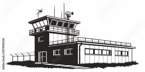 Airport traffic control tower building vector illustration with aviation navigation airplane building architecture communication monitoring facility structure illustration isolated