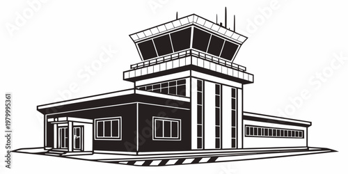 Airport terminal building with control tower vector illustration terminal aviation navigation building architecture structure facility communication monitoring illustration isolated