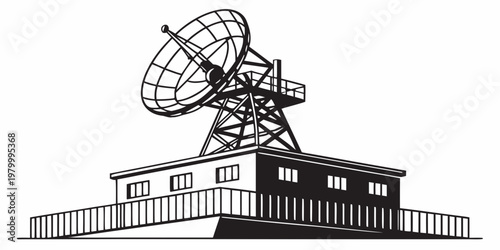 Satellite communication radar dish station vector graphic with satellite communication technology transmission telecommunication broadcast connection industrial engineering illustration