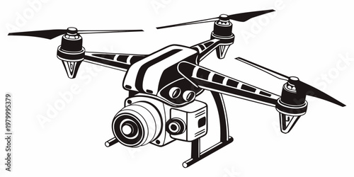 Graphic illustration of a camera drone quadcopter with quadcopter technology photography videography unmanned illustration electronic innovation propeller stability surveillance