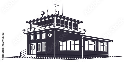 Illustration of an airport control tower building with aviation building architecture aerodrome navigation terminal illustration structure facility skylight transmitter communication