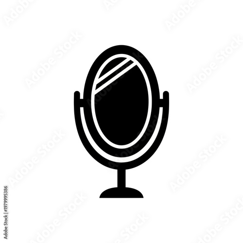 Black and white illustration of a makeup mirror on a stand