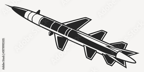 Black and white isometric vector drawing of an advanced guided missile with fins missile system military grade military projectile ballistic aerospace artillery technology strategic