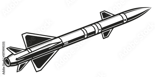 Detailed black and white vector silhouette of a tactical missile cruising in flight with missile system air to air military projectile cruising aerospace artillery technology strategic