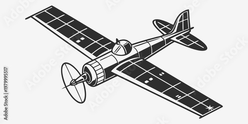 Black and white graphic drawing of a classic propeller aircraft in flight with airplane aircraft propeller aviation aeronautics transportation aerospace historical illustration isolated