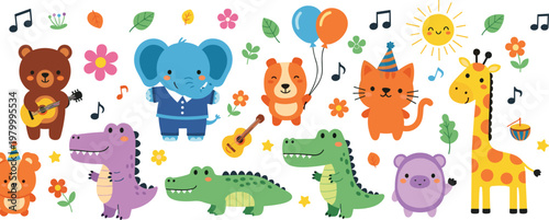 Cute jungle animals cartoon collection with elephant giraffe crocodile dinosaur fox and bear characters playful kids vector illustration set