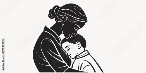 Black and white silhouette of a mother gently embracing her young child with parenting affection silhouette nurturing maternal tenderness relationship attachment devotion childhood