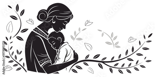 Silhouette illustration of a loving mother embracing her baby with floral branch decorative elements parenting silhouette maternity nurturing motherhood protection affection children