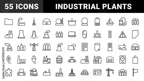 Industrial manufacturing and energy production minimalist line icons.
