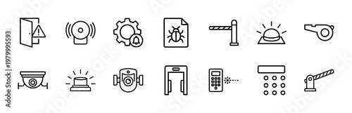 Minimalist security and alert system outline icons set