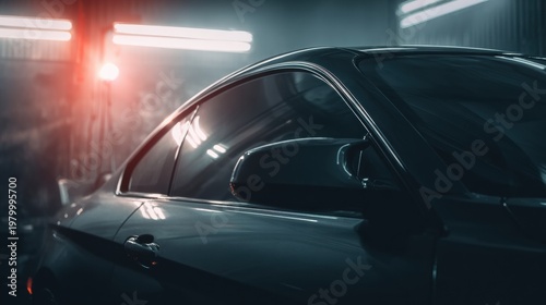 Banner for Car Window Tinting Service Showing a Car Being Tinted With Professional Tools in a Dark Workshop Setting With Empty Space for Text