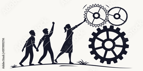 Teamwork silhouette illustration operating mechanical gear system with teamwork business collaboration cooperation management strategy efficiency achievement partnership development