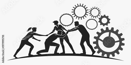 People silhouettes working together to turn heavy gear machinery with teamwork business collaboration cooperation management strategy efficiency achievement partnership development