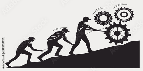 Business team silhouettes pushing large gears up a hill for collaborative problem solving with silhouette business collaboration strategy cooperation teamwork development solution