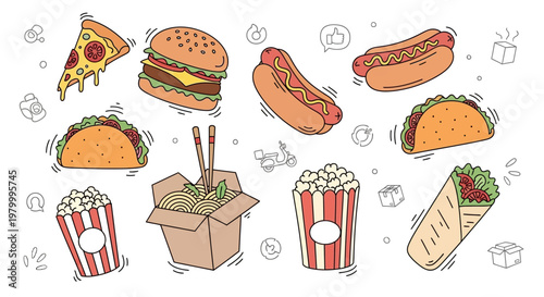 Colorful illustration of various fast foods.