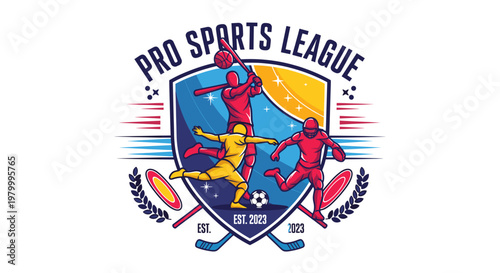 Vibrant shield logo for a 'Pro Sports League' established in 2023, featuring stylized athletes from baseball, soccer, and track, with various sports equipment.