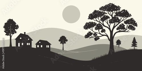 Serene landscape silhouette with small houses and trees at sunset rural life village life landscape silhouette countryside illustration monochrome building peaceful environment