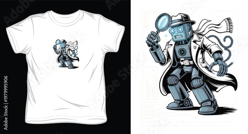A charming robot detective t-shirt design concept featuring a vintage-style automaton with a magnifying glass and trench coat.