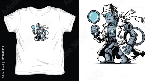 Robot detective with magnifying glass wearing hat and trench coat, investigating with technology.