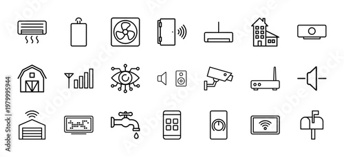 Smart home automation system minimalist line icon set