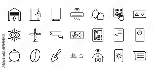 Minimalist smart home and security systems line icon set