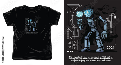 Robot detective with magnifying glass in dark setting, text '2024' and circuit patterns.