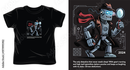Robot detective with magnifying glass and red scarf, text '2024' and circuit patterns.