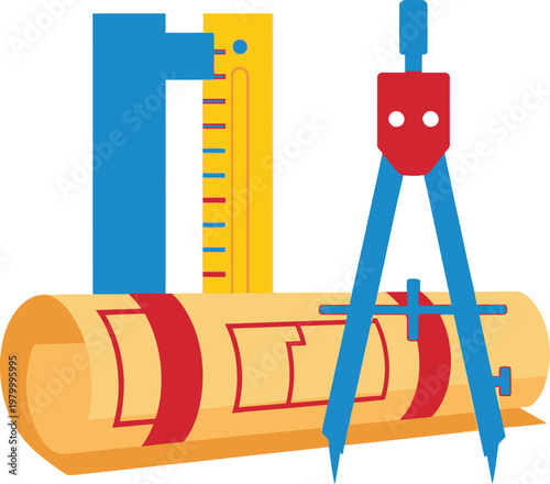 Architectural Design Tools - Blueprint, Ruler, and Compass Illustration.