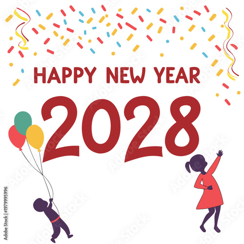 Happy new year 2028 celebration with children and colorful balloons and confetti