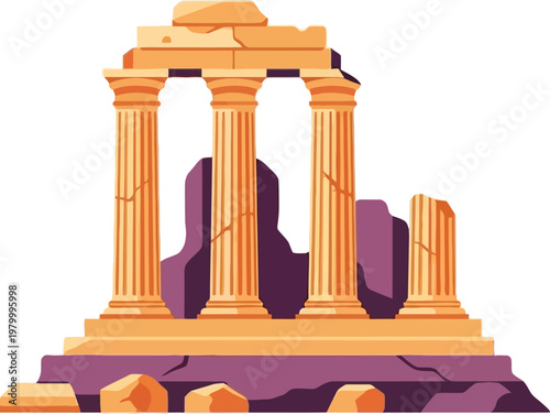 Ancient Ruined Temple with Columns and Stone Blocks.